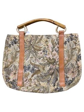 Floral Tapestry Tote Bag with Tan Leather Accents